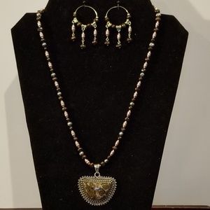 Sterling Silve Fossil Jasper and pearl Necklace